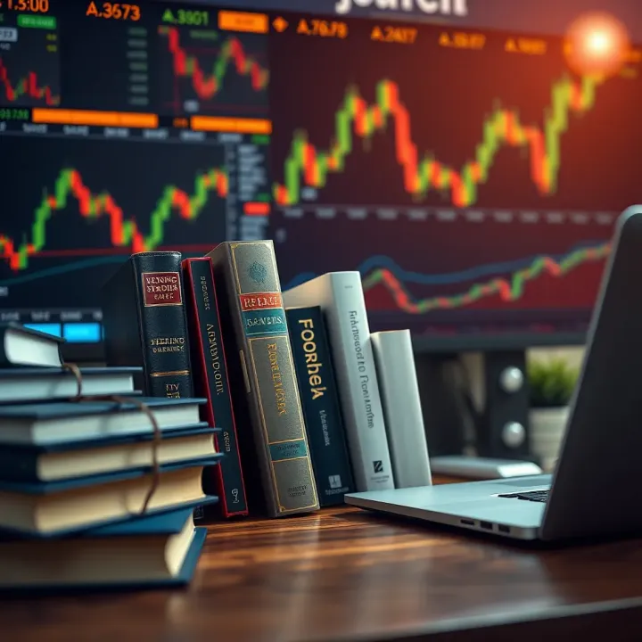 A collection of forex trading books arranged on a wooden desk with a laptop and currency charts in the background