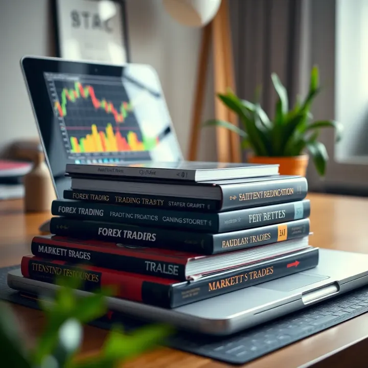 Stack of forex trading books with a laptop showing trading graphs