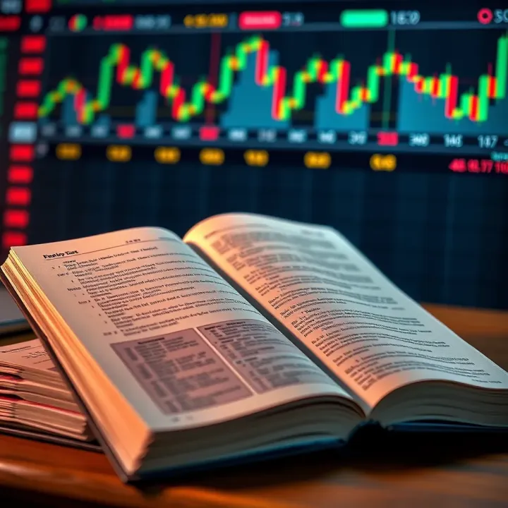 Open book on forex trading with a chart and currency symbols in the background