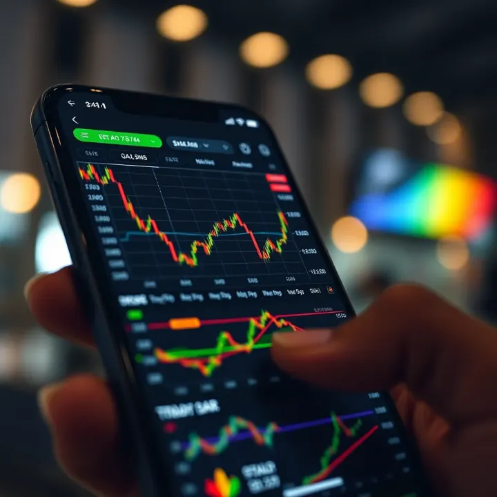 Smartphone screen showing various stock trading charts and real-time market data
