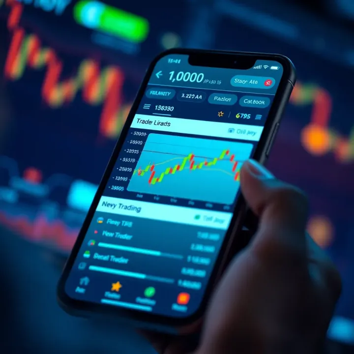 User interface of a mobile trading app showing stock charts and trading options