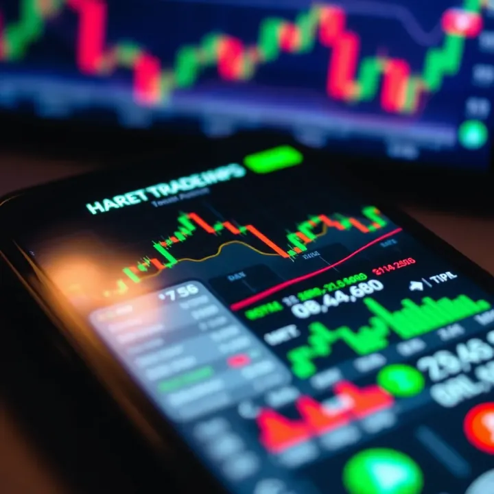 Mobile phone screen displaying various financial charts and trading graphs