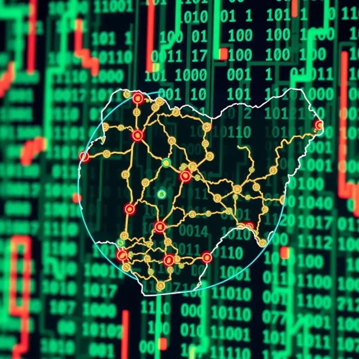 Binary Code and Its Influence on Nigeria's Technological Development Visualization of binary code overlaying a digital map of Nigeria highlighting technology hubs