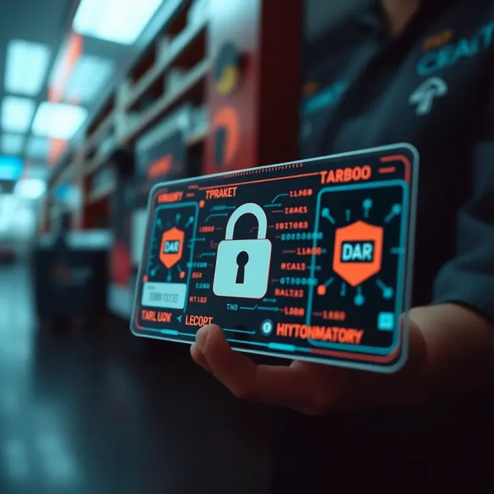 Illustration of secure digital identification card with lock and data symbols representing privacy and security