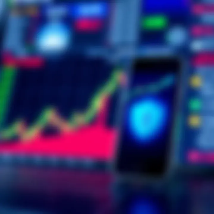 Supported Markets and Security Measures in ABR Trading App Graph displaying market trends and security shield icon representing safe trading on ABR app
