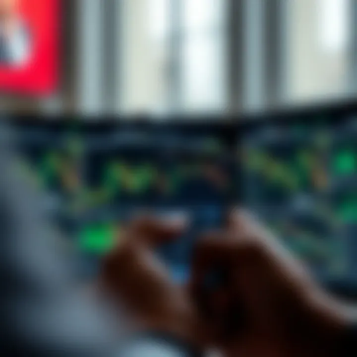 User checking crypto trading app interface on smartphone with charts and graphs visible