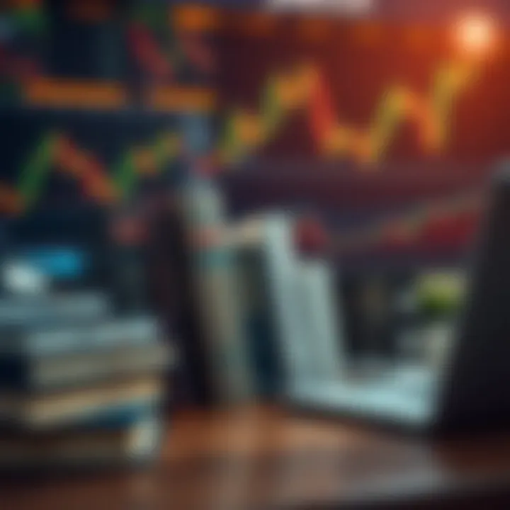 A collection of forex trading books arranged on a wooden desk with a laptop and currency charts in the background