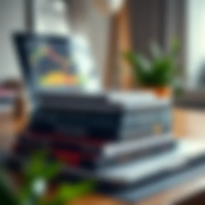 Stack of forex trading books with a laptop showing trading graphs