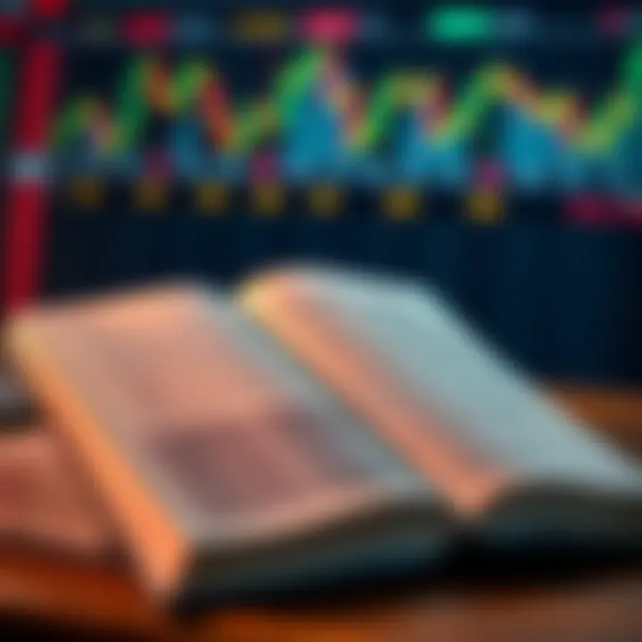 Open book on forex trading with a chart and currency symbols in the background