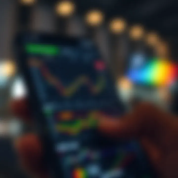 Stock Market Analysis on Mobile Trading App Smartphone screen showing various stock trading charts and real-time market data