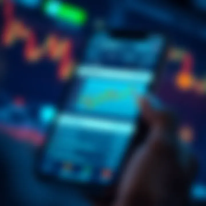 User interface of a mobile trading app showing stock charts and trading options