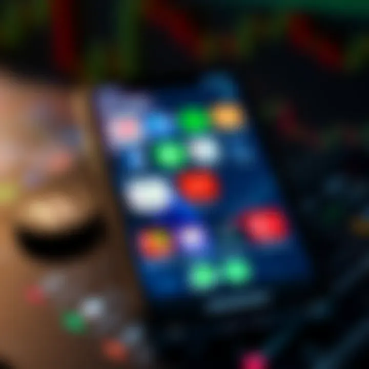 Illustration of smartphone with app icons related to stocks, forex, and cryptocurrency trading