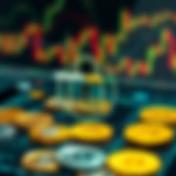Robust Security Features for Cryptocurrency Trading Platforms Secure digital lock symbol overlaid on cryptocurrency icons representing platform security measures