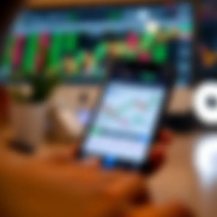 Mobile phone displaying forex trading charts and signal notifications