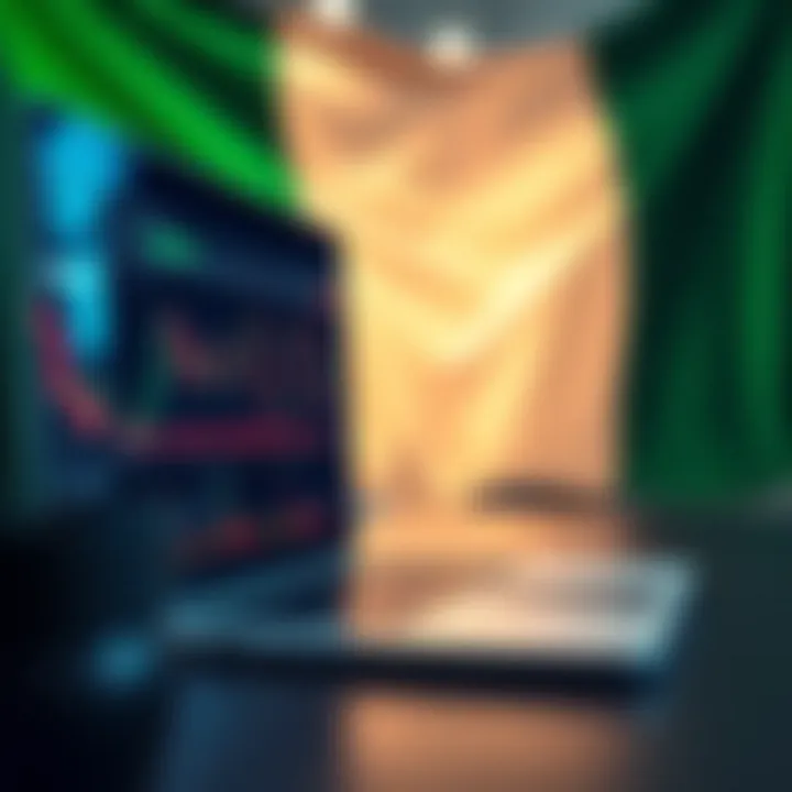 Laptop displaying a forex trading platform with currency charts and Nigerian flag in the background