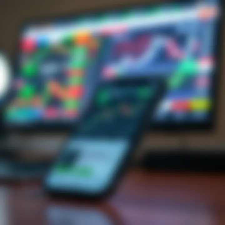 Mobile phone screen displaying various trading app interfaces with charts and market data