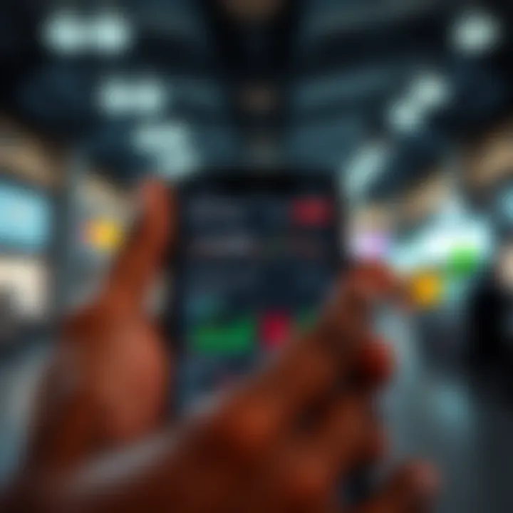 Mobile phone displaying a trading app interface with charts and market data