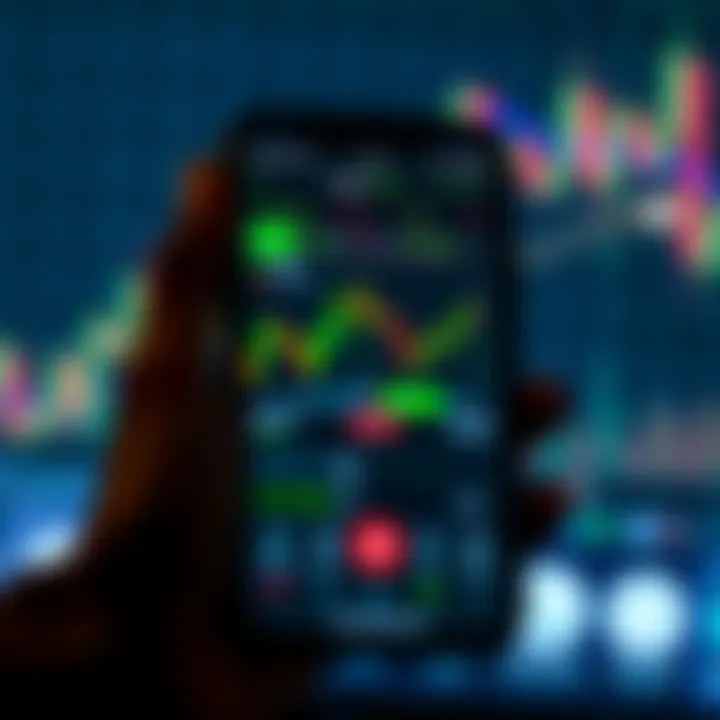 Mobile phone displaying a trading app interface with charts and financial data