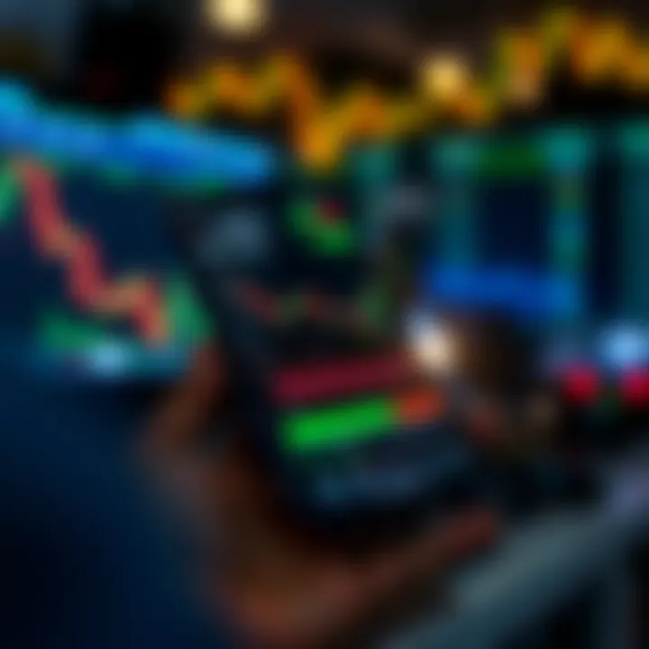 Mobile phone displaying a forex trading app with currency charts and indicators
