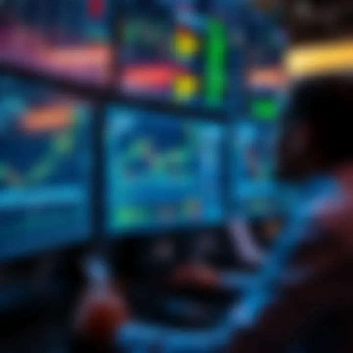 Illustration of a trader analyzing multiple digital screens with financial data and charts