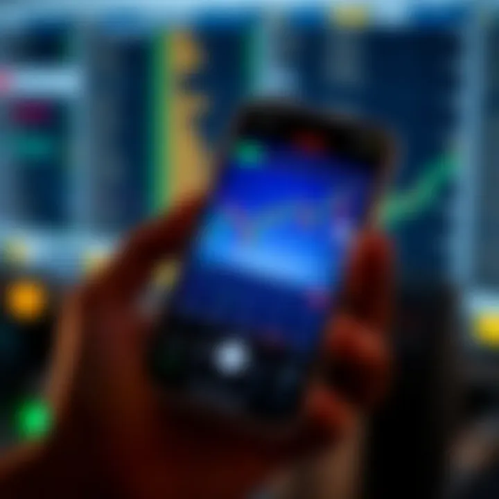 Forex Trading App Interface on Mobile Device Smartphone displaying a forex trading app interface with charts and currency pairs