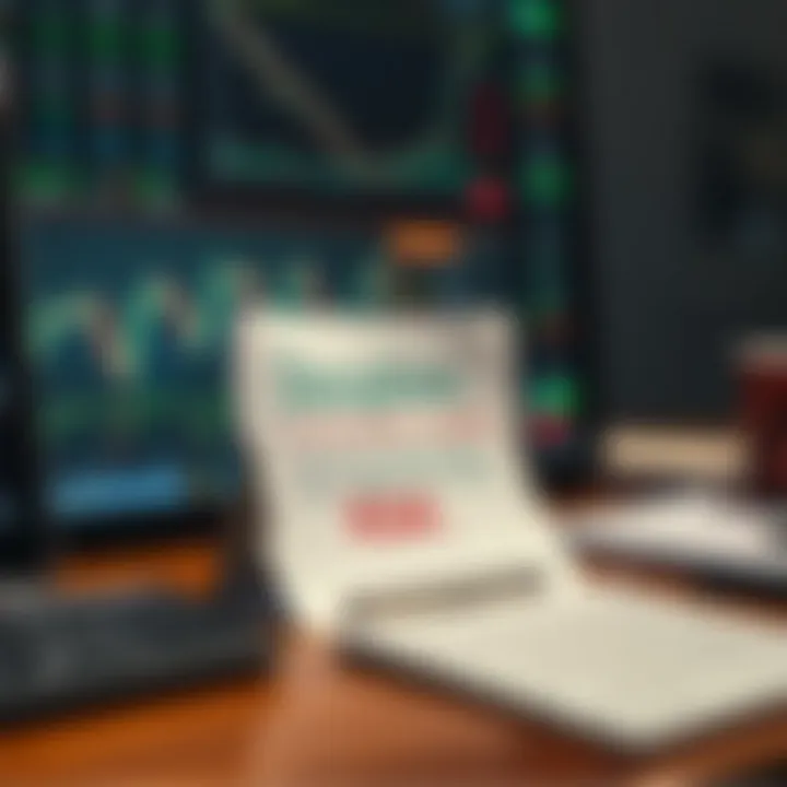 Motivational trading desk setup with notes containing quotes about discipline and risk