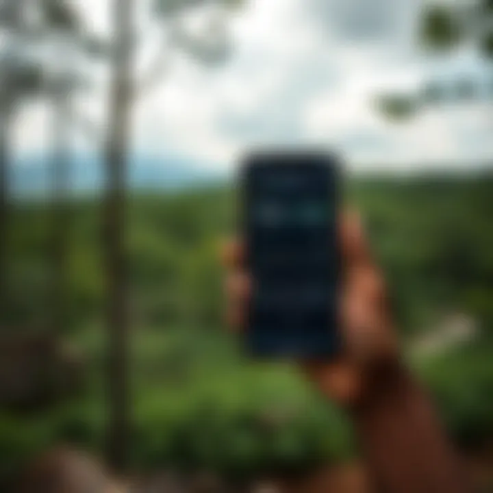 Forest landscape with timber resources and mobile device displaying trading application interface