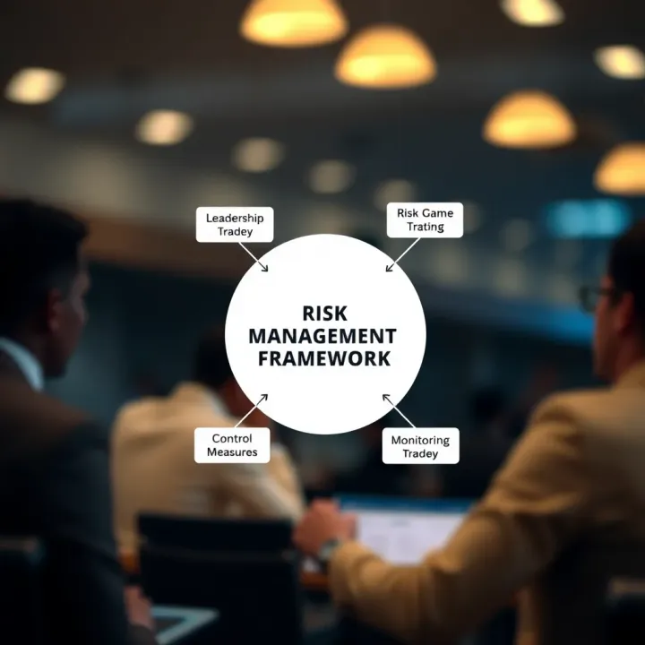 Diagram illustrating components of a risk management framework including leadership, risk identification, control measures, and monitoring