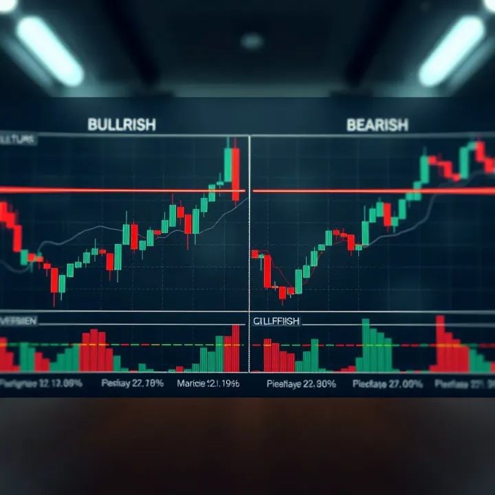 Diagram illustrating bullish and bearish candlestick setups alongside technical indicators for trading strategy