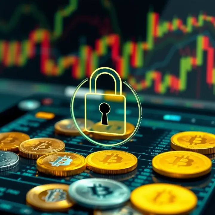 Robust Security Features for Cryptocurrency Trading Platforms Secure digital lock symbol overlaid on cryptocurrency icons representing platform security measures