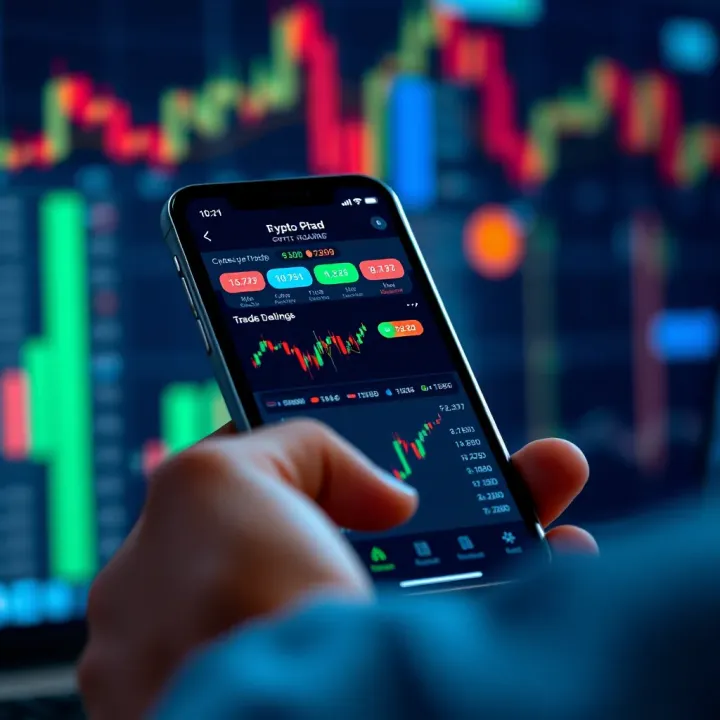 Mobile phone displaying a user-friendly cryptocurrency trading app interface with charts and trading options