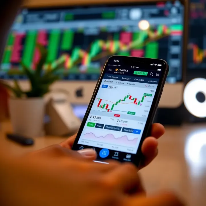 Mobile phone displaying forex trading charts and signal notifications