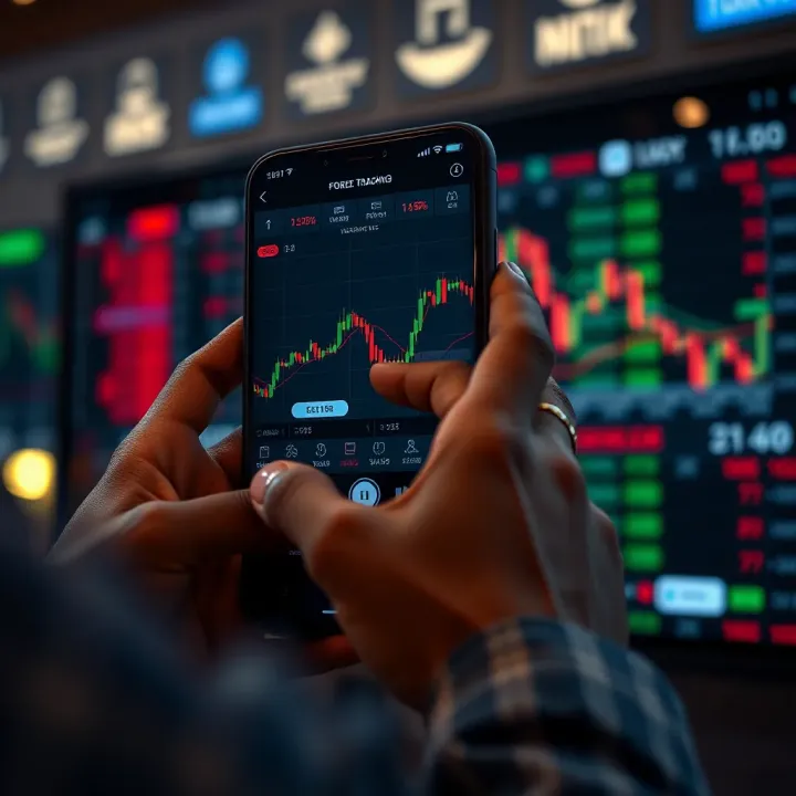 User navigating forex trading app interface on a smartphone with charts and currency exchange rates visible