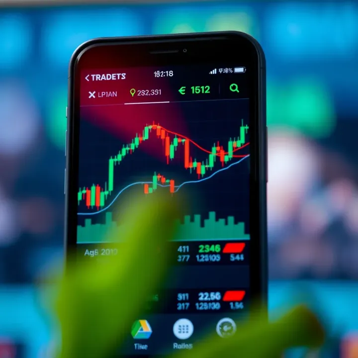 Mobile phone screen displaying forex trading app interface with charts and currency pairs