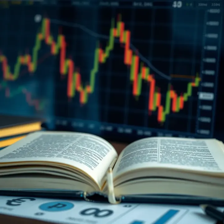 Open book on forex trading with candlestick chart and currency symbols displayed