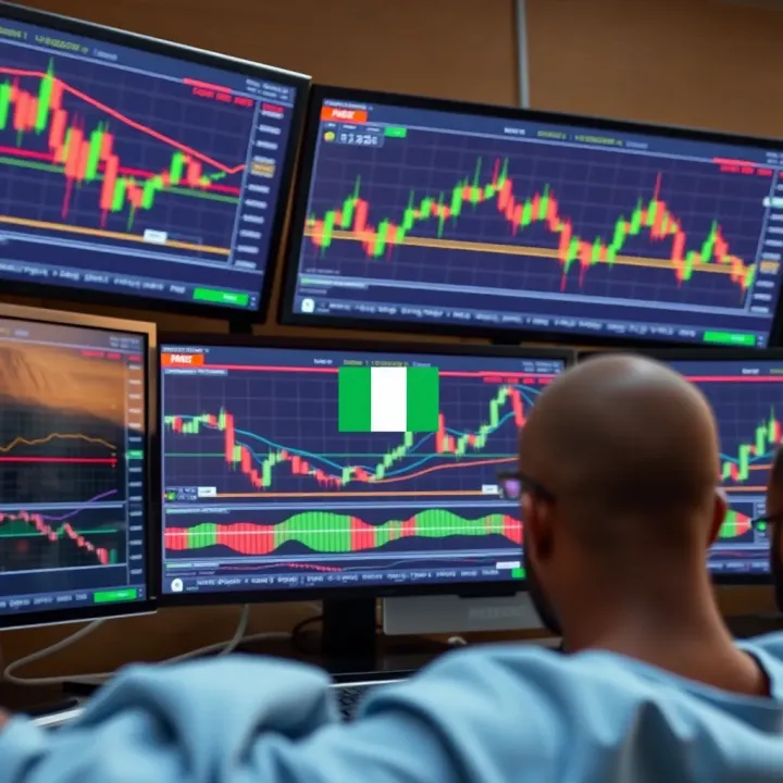 Analyzing Forex Charts on Trading Platforms for Nigerian Traders User analyzing forex trading charts on multiple screens with Nigerian flag icon
