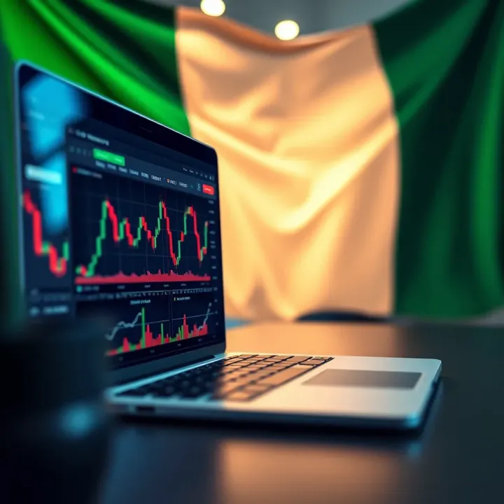 Laptop displaying a forex trading platform with currency charts and Nigerian flag in the background