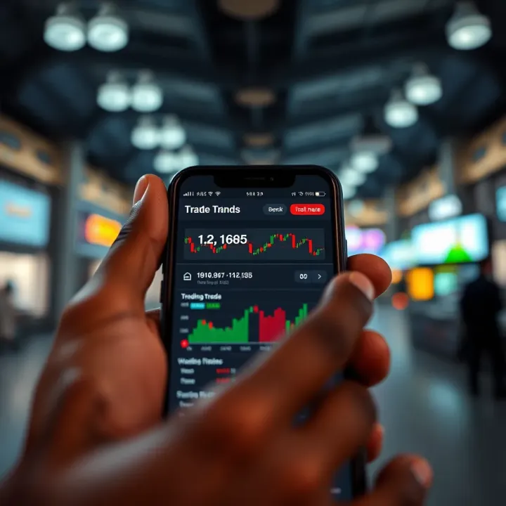 Mobile phone displaying a trading app interface with charts and market data