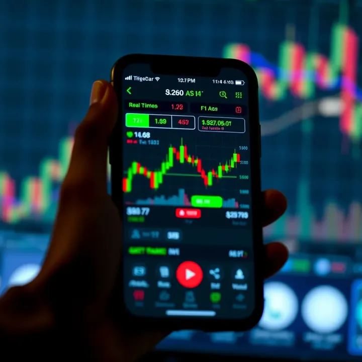 Mobile phone displaying a trading app interface with charts and financial data
