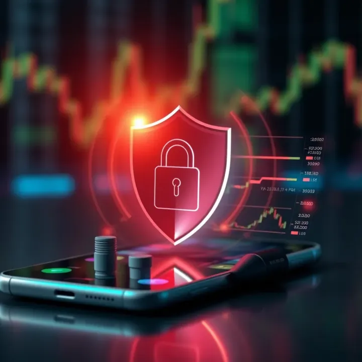 Security Features in Trading Applications Illustration of a secure shield symbolizing protection and encryption around a smartphone