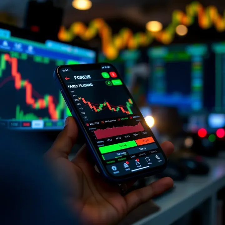 Mobile phone displaying a forex trading app with currency charts and indicators