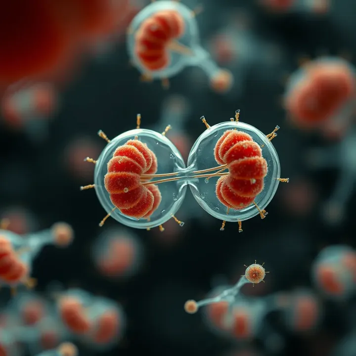 Microscopic view of bacteria undergoing binary fission revealing cell division