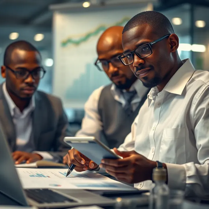 Business professionals analyzing data charts to identify potential risks in Nigerian market