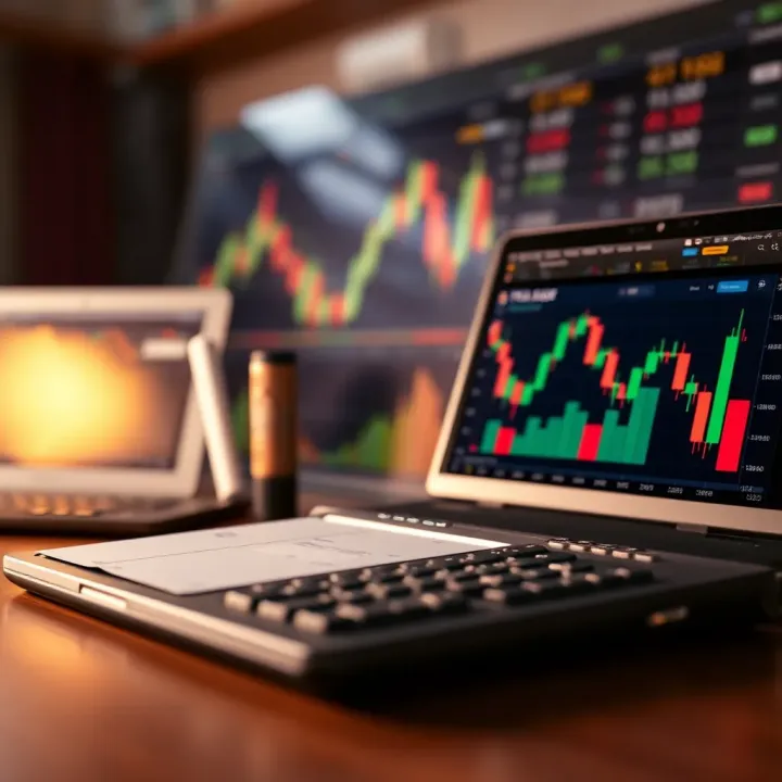 Conceptual illustration of risk management tools and forex charts representing disciplined trading