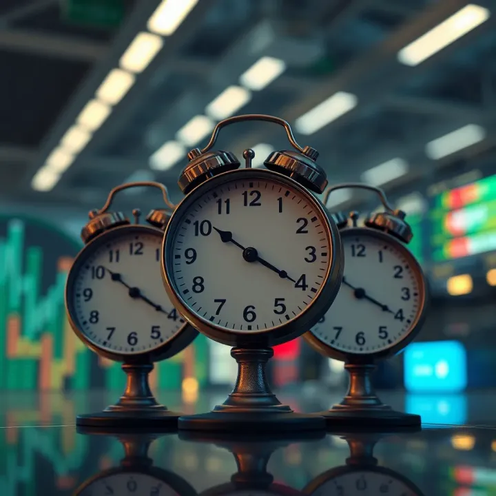 Illustration of flexible trading hours with clocks and forex trading symbols