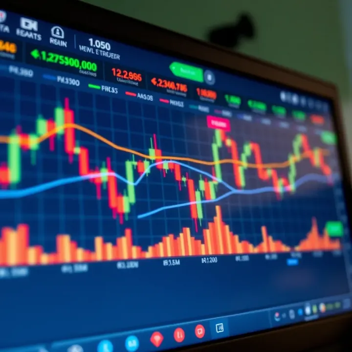 Financial chart with candlestick patterns and risk management icons in a trading interface