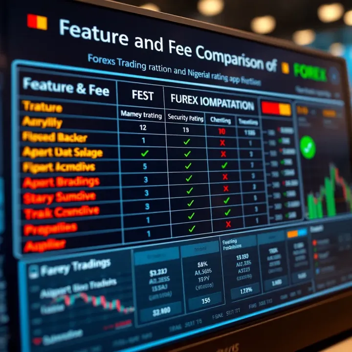 Comparison chart displaying features, fees, and security ratings of forex trading applications