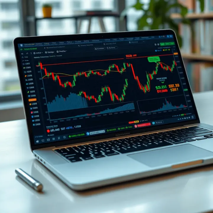 Open laptop displaying forex trading platform with charts and financial data