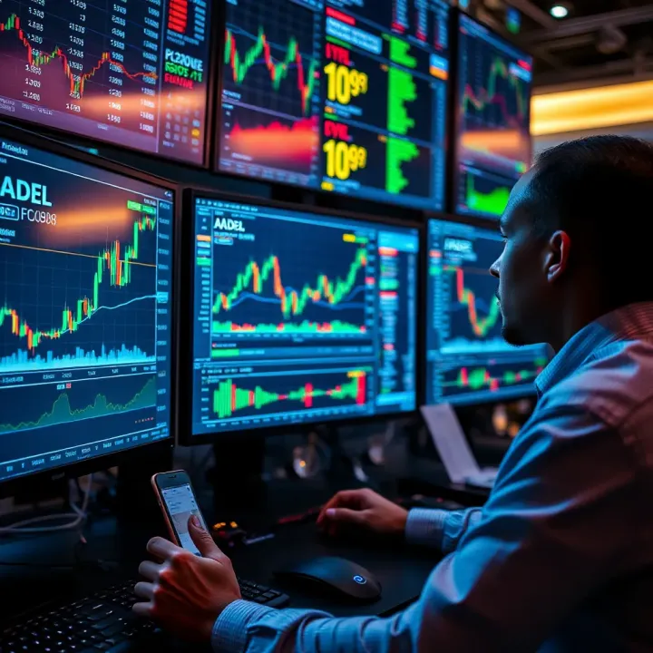 Illustration of a trader analyzing multiple digital screens with financial data and charts