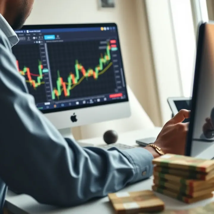 Trader analyzing forex charts on a computer screen with Nigerian currency notes nearby